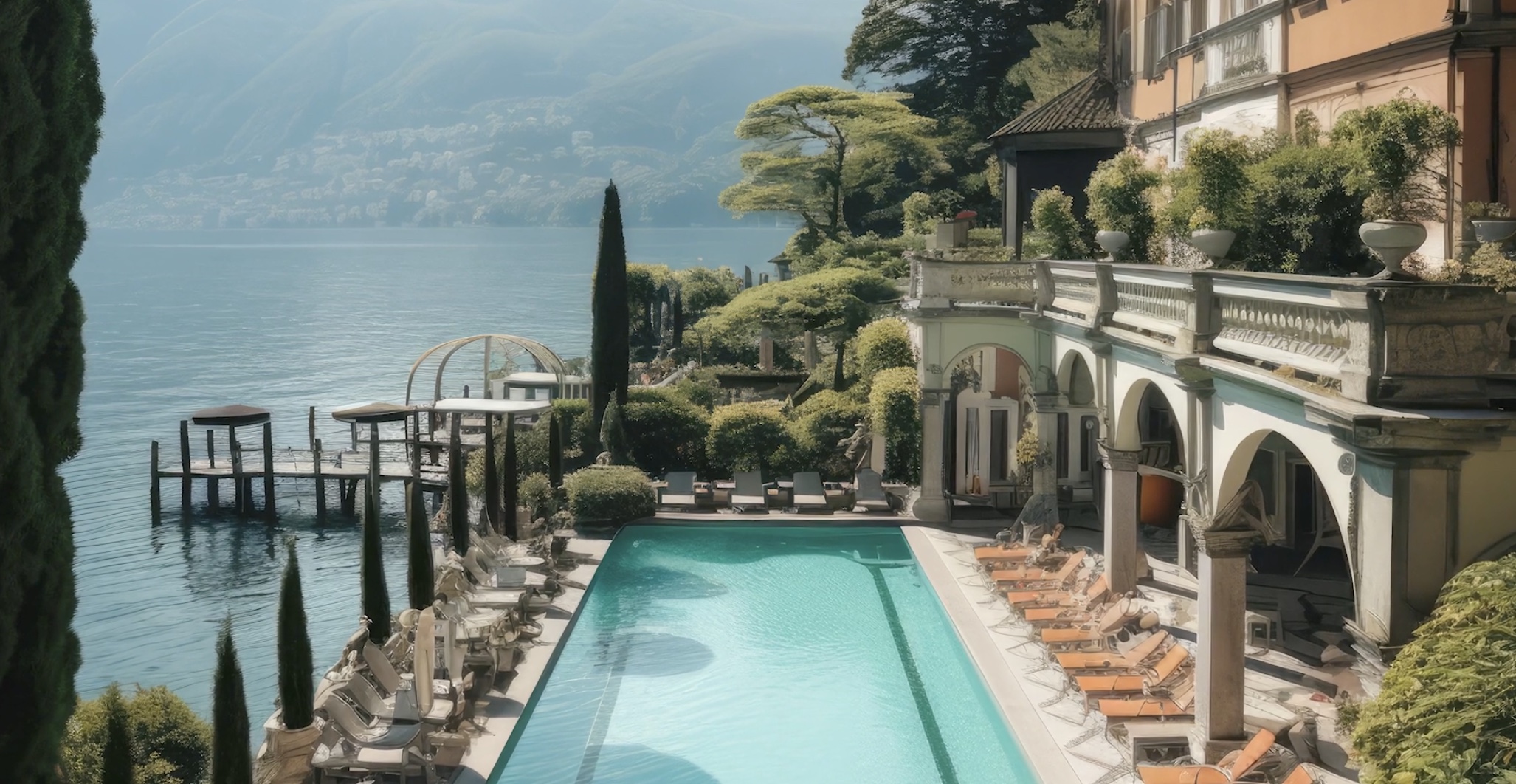 A generated Lake Como hotel scene with a pool, gardens and terraced architecture beside the water.