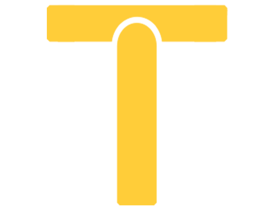 Studio Typo yellow T mark on a white background.